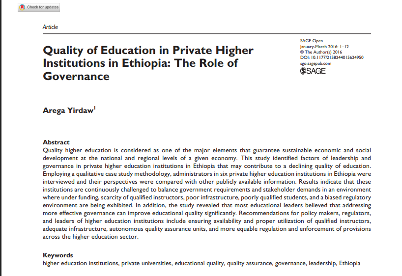 Quality of Education in Private Higher Institutions in Ethiopia: The Role of Governance